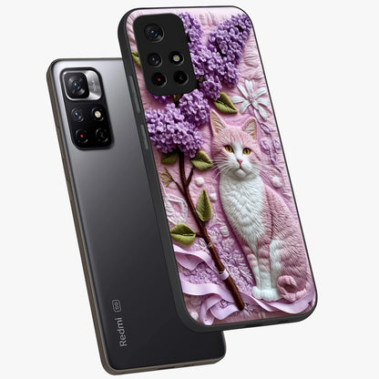 Lavender Cat Whimsy Glass Case displayed in angled mockup highlighting playful feline illustration with pastel lavender aesthetic.
