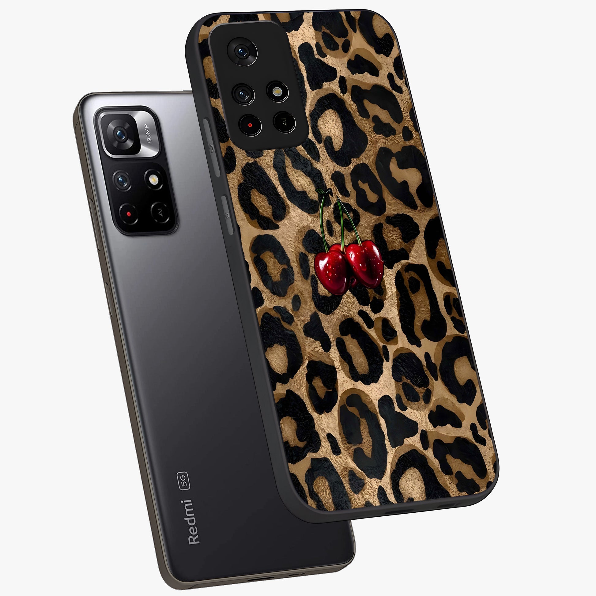 Leopard Wild Cherry Glass Case displayed in angled mockup highlighting bold animal print design with playful cherry aesthetic.