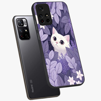 Lilac Hide Peek Cat Glass Case showing flat back view with cute peeking cat artwork and glossy glass finish.
