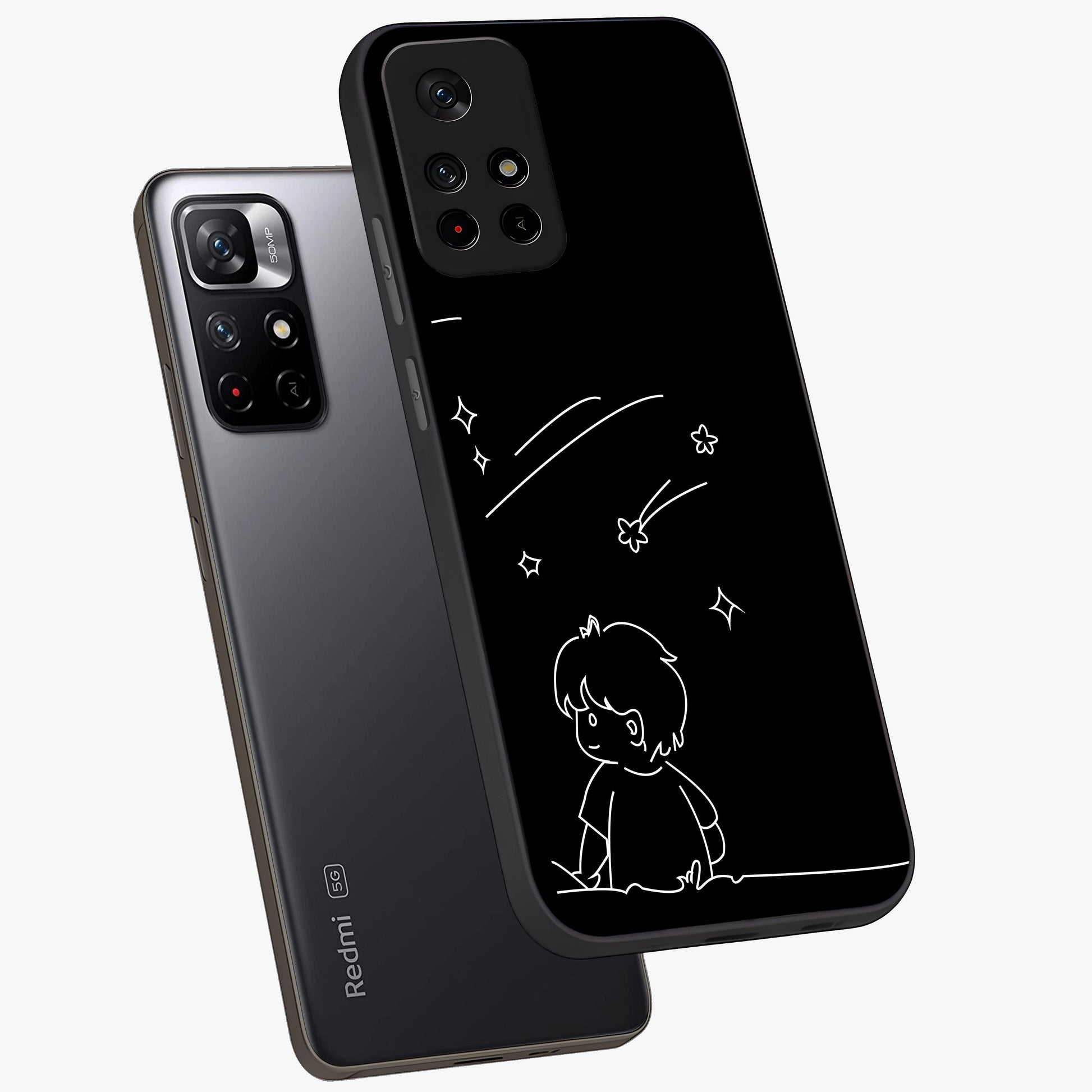 Line Art Boy With Shooting Stars Glass Case showing flat back view with minimal line art boy and shooting stars illustration and glossy glass finish.