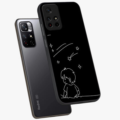 Line Art Boy With Shooting Stars Glass Case showing flat back view with minimal line art boy and shooting stars illustration and glossy glass finish.