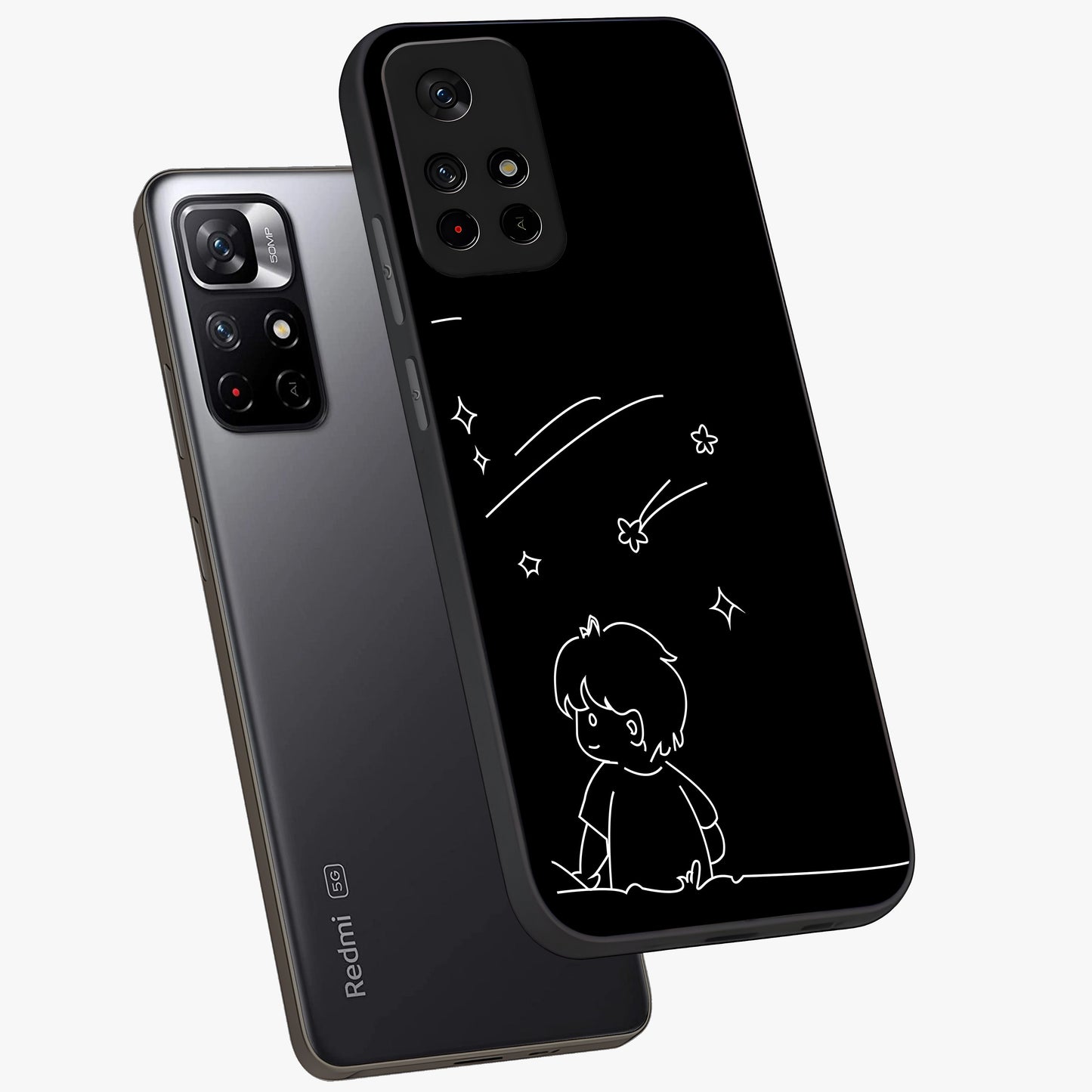 Line Art Boy With Shooting Stars Glass Case displayed in angled mockup highlighting elegant line art design with dreamy star aesthetic.