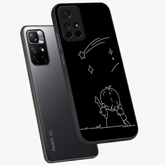Line Art Girl With Shooting Stars Glass Case showing flat back view with minimal line art girl and shooting stars illustration and glossy glass finish.