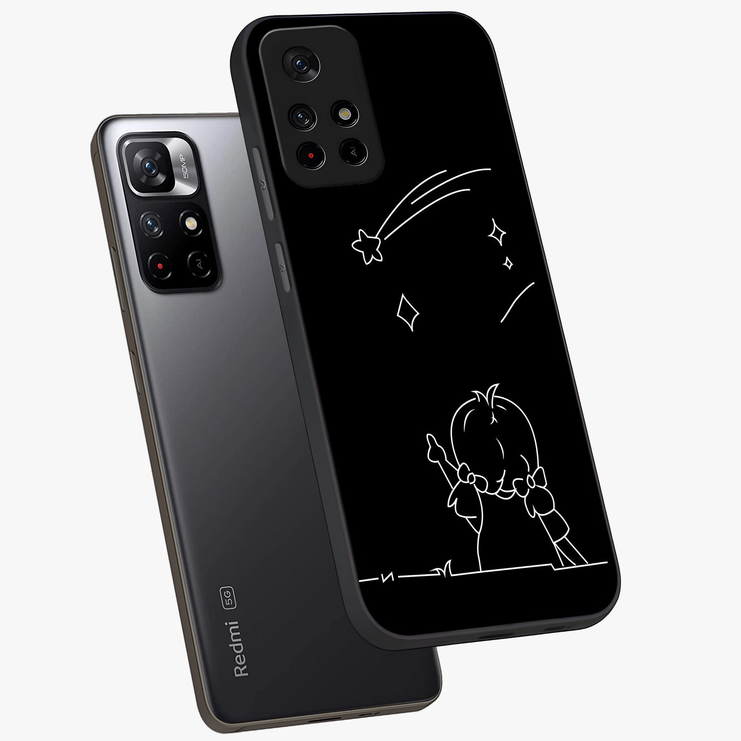 Line Art Girl With Shooting Stars Glass Case displayed in angled mockup highlighting elegant line art design with dreamy star aesthetic.