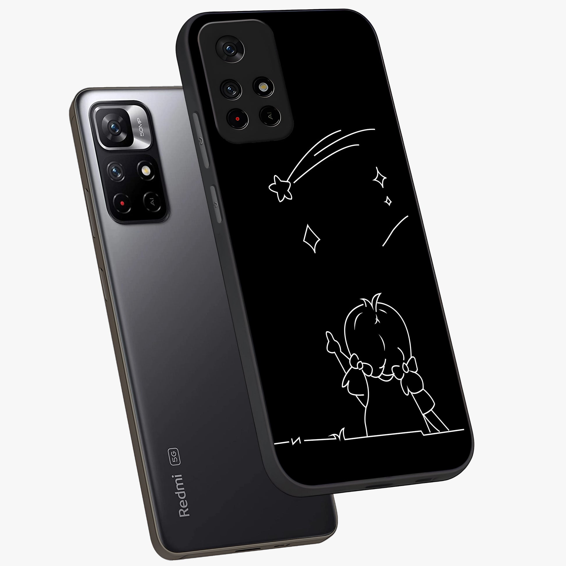 Line Art Girl With Shooting Stars Glass Case displayed in angled mockup highlighting elegant line art design with dreamy star aesthetic.