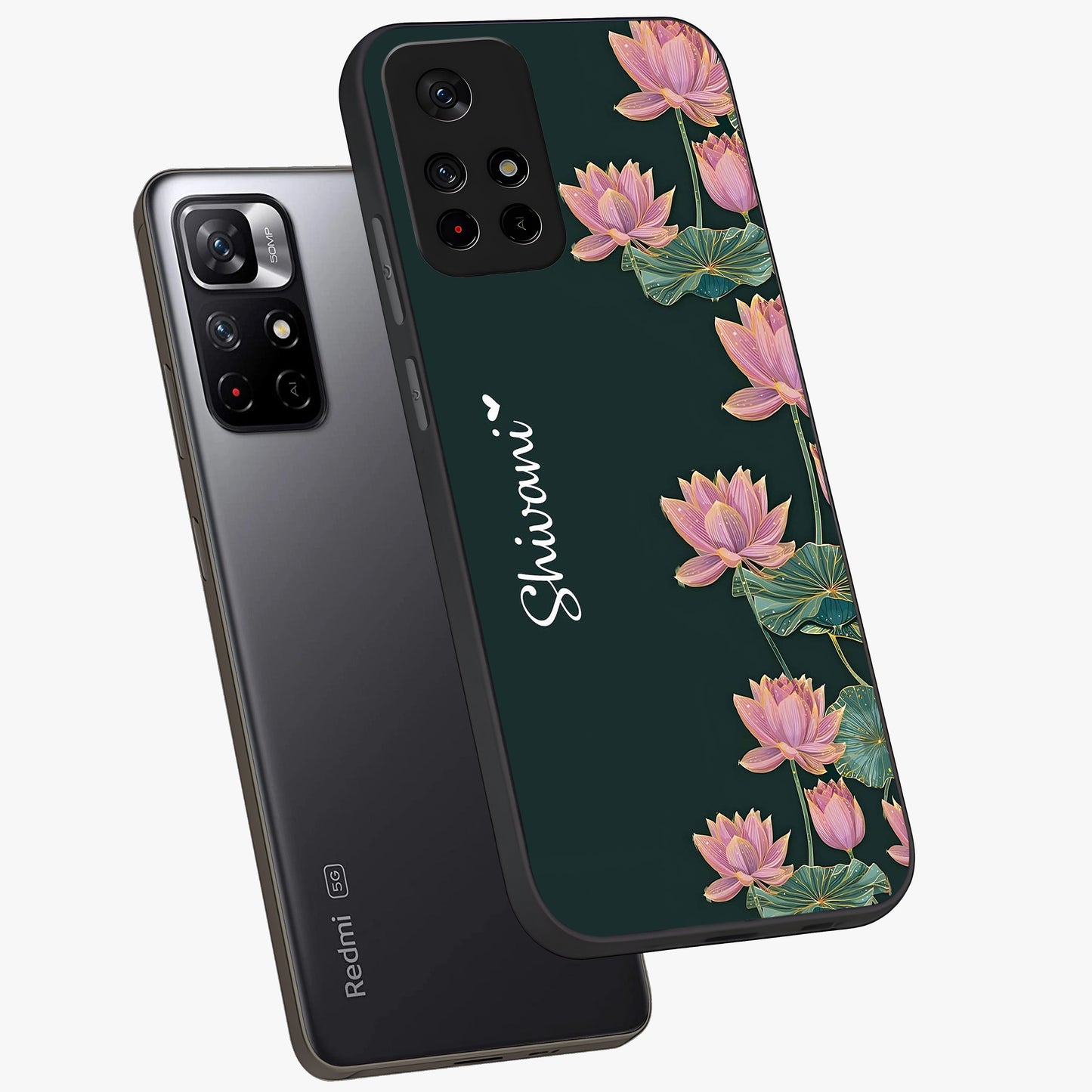 Lotus Bloom Serenity Custom Name Glass Case showing flat back view with elegant lotus flower artwork and personalized name design.