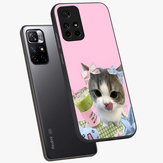 Love Matcha Cat Glass Case showing flat back view with cute cat and matcha themed artwork and glossy glass finish.