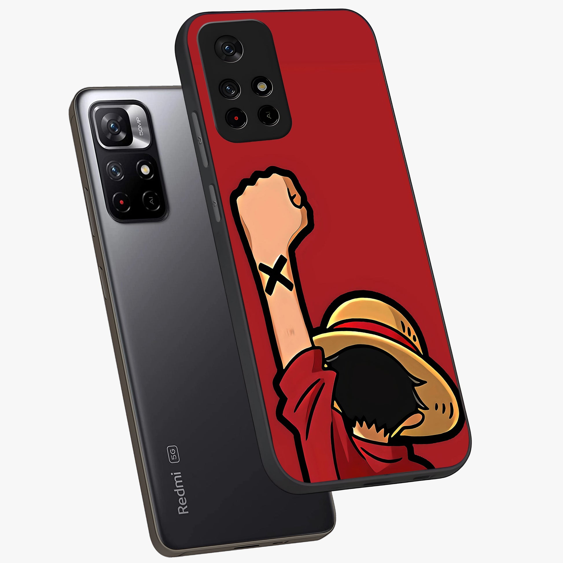 Luffy X Spirit Glass Case showing flat back view with bold anime character artwork and glossy glass finish.