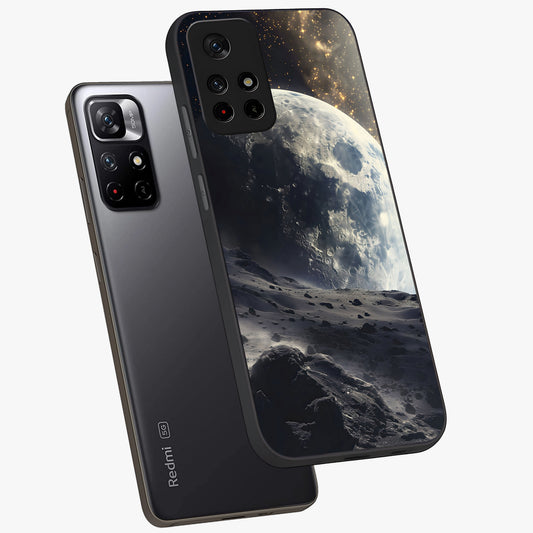 Lunar Horizon Glow Glass Case showing flat back view with glowing moon horizon artwork and glossy glass finish.