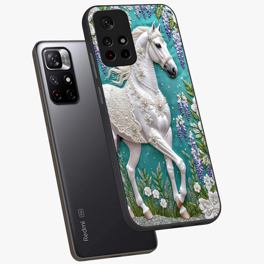 Majestic Floral Stallion Glass Case showing flat back view with powerful horse and floral artwork and glossy glass finish.