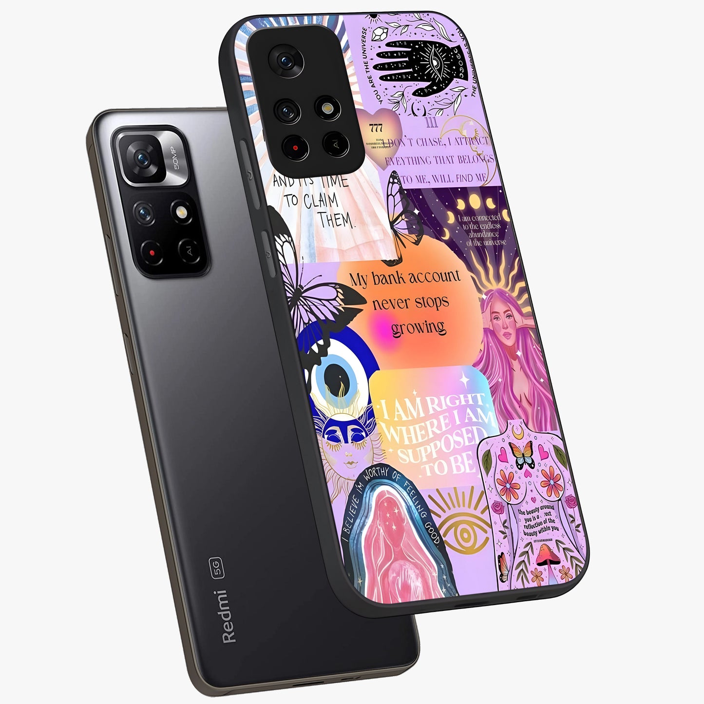 Manifestation Collage Glass Case showing flat back view with motivational collage artwork and glossy glass finish.