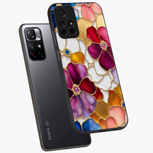 Marble Flower Pattern Glass Case showing flat back view with marble texture floral artwork and glossy glass finish.