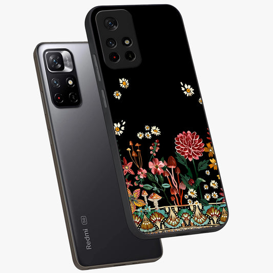 Midnight Bloom Pattern Glass Case showing flat back view with dark floral pattern artwork and glossy glass finish.