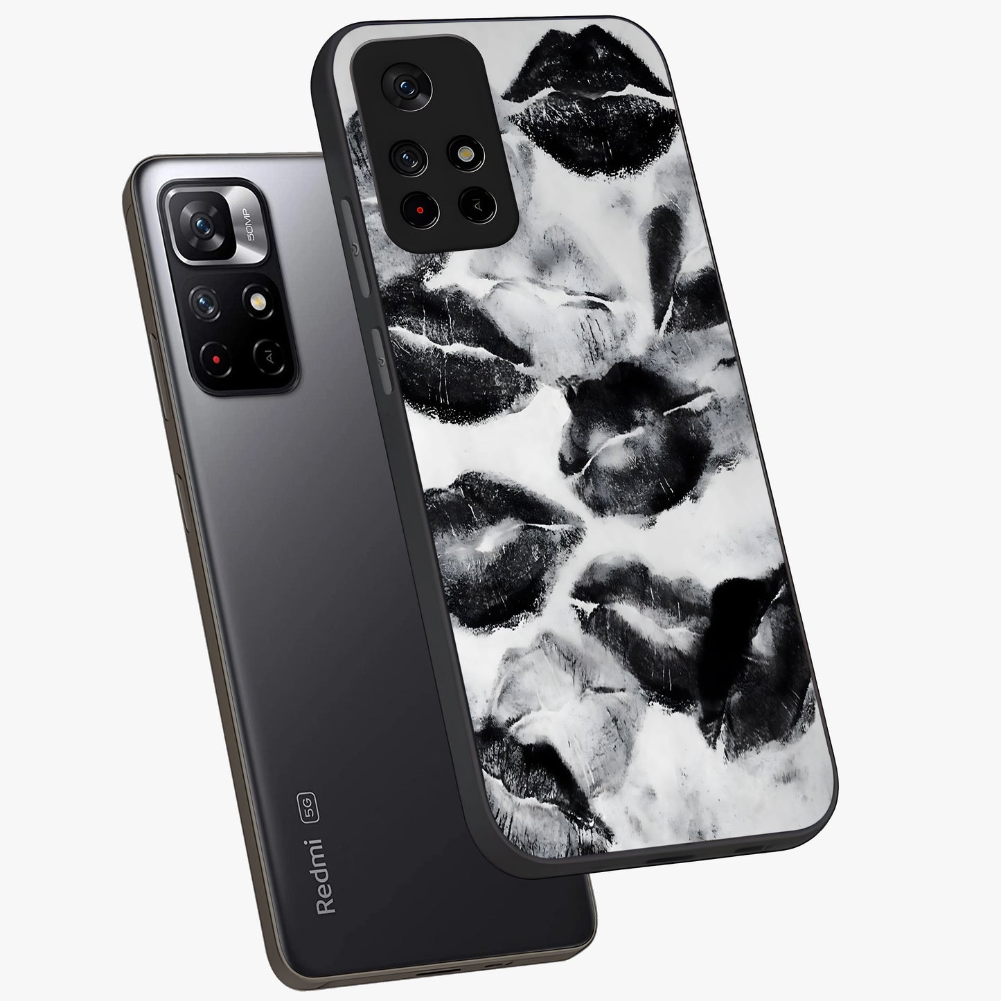 Midnight Kiss Marks Glass Case displayed in angled mockup highlighting playful romantic design with bold midnight aesthetic.
