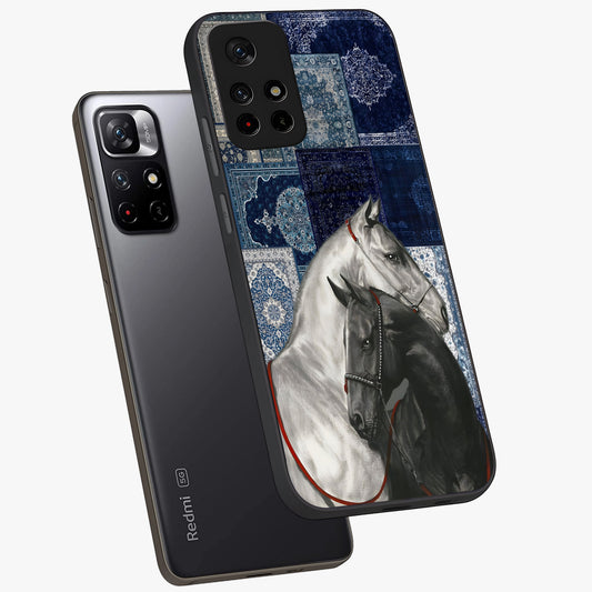Midnight Stallion Blues Glass Case showing flat back view with majestic horse artwork and glossy glass finish.