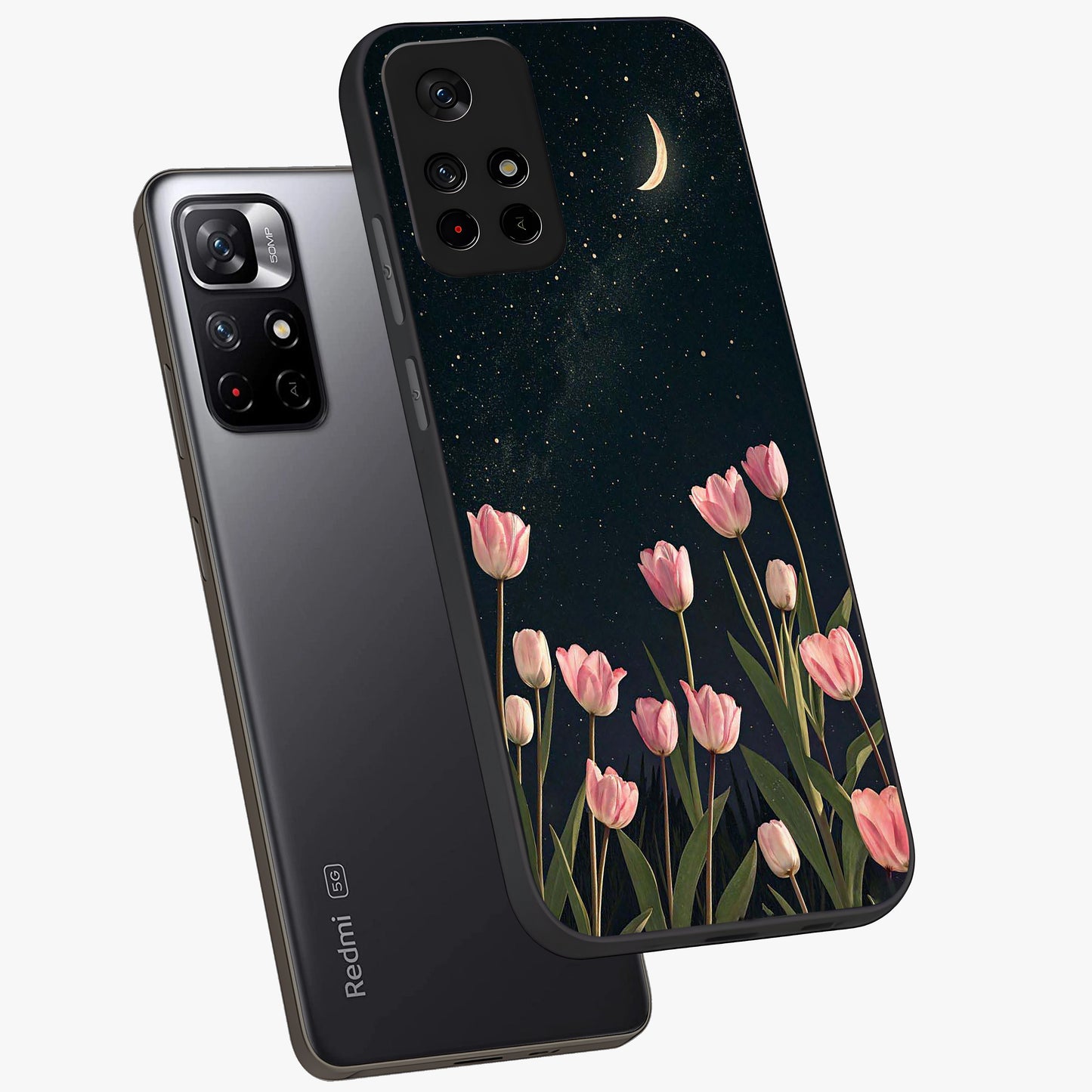 Midnight Tulip Whispers Vibe Glass Case showing flat back view with elegant tulip flower artwork and glossy glass finish.