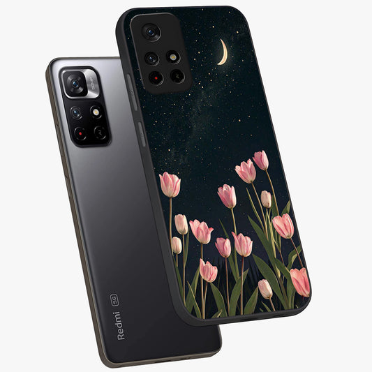 Midnight Tulip Whispers Vibe Glass Case showing flat back view with elegant tulip flower artwork and glossy glass finish.