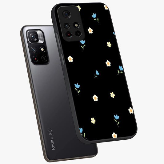 Minimalistic Blue With White Flower Pattern Glass Case showing flat back view with blue background and white flower pattern and glossy glass finish.
