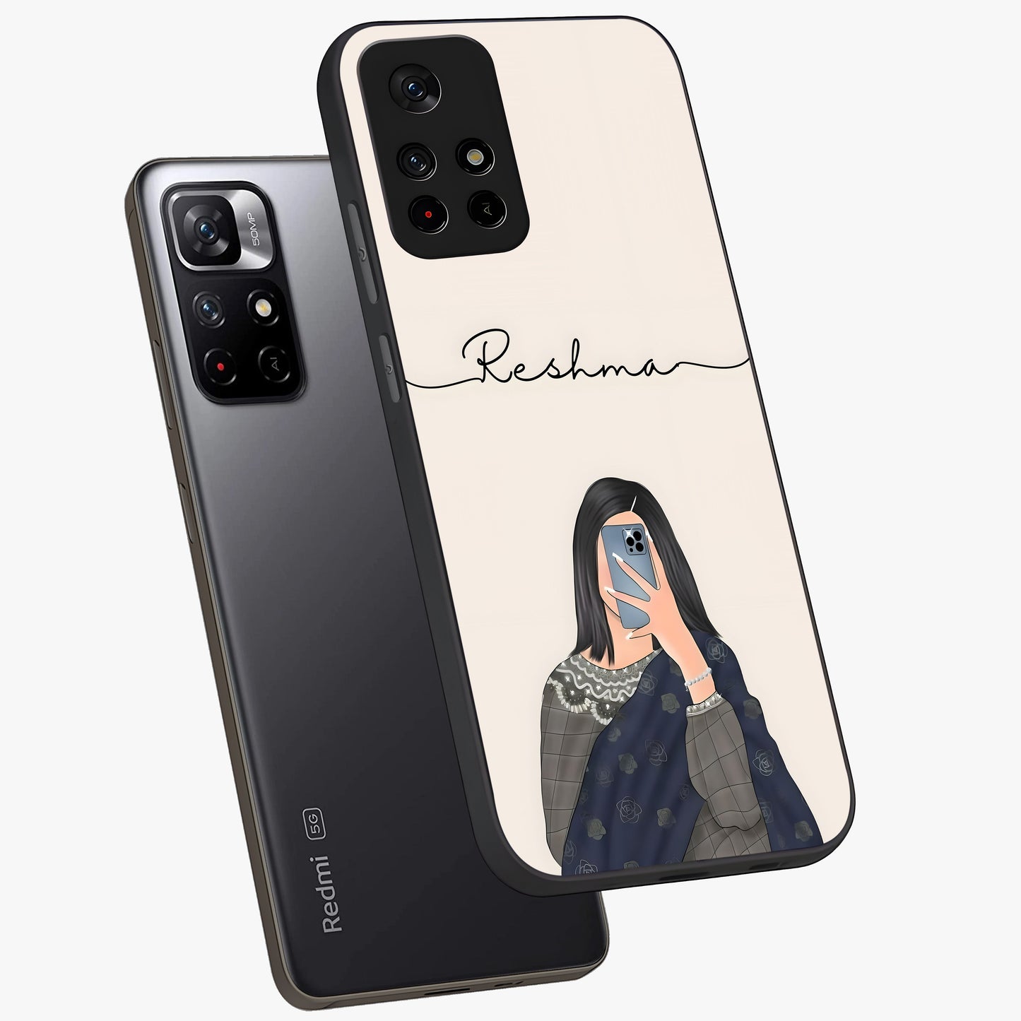 Mirror Mood Muse With Custom Name Glass Case displayed in angled mockup highlighting aesthetic mirror inspired design with custom name feature.