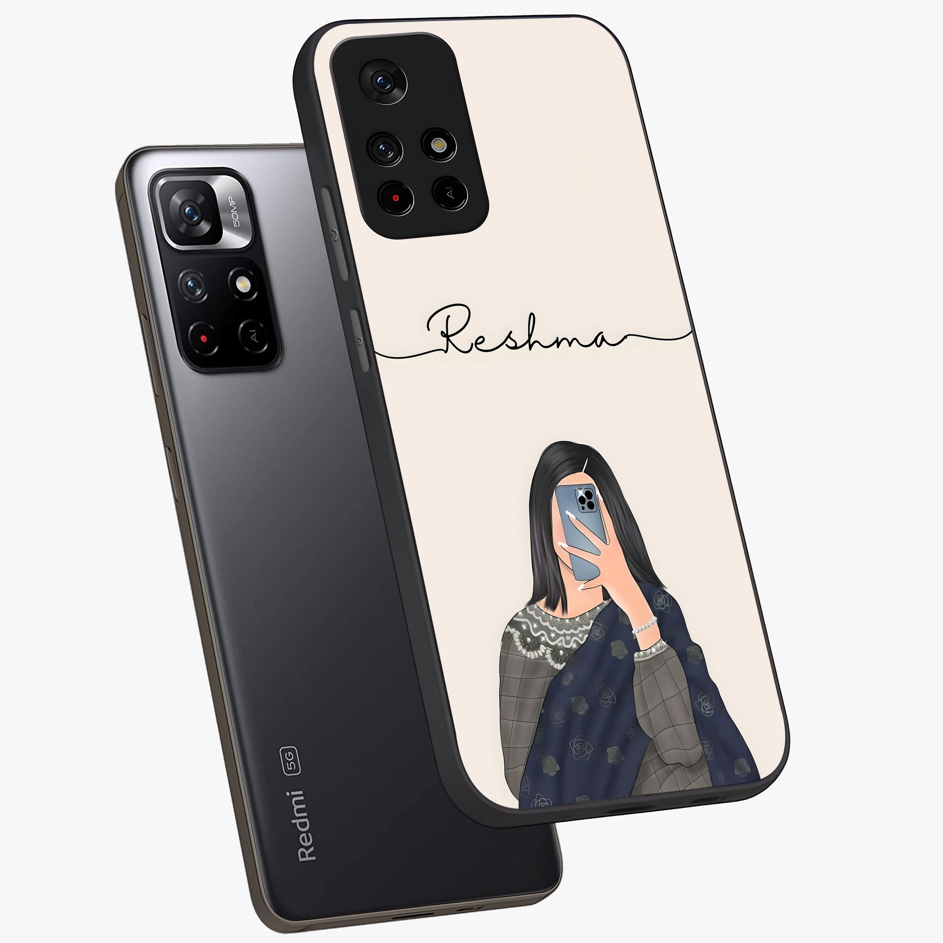 Mirror Mood Muse With Custom Name Glass Case displayed in angled mockup highlighting aesthetic mirror inspired design with custom name feature.