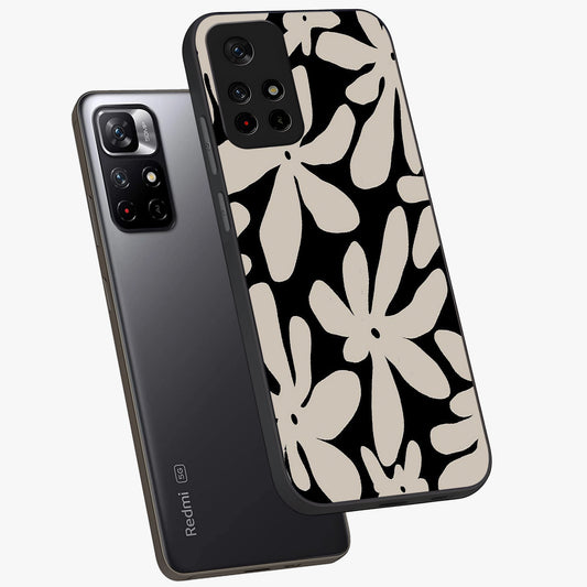 Monochrome Petal Dance Glass Case showing flat back view with monochrome floral artwork and glossy glass finish.