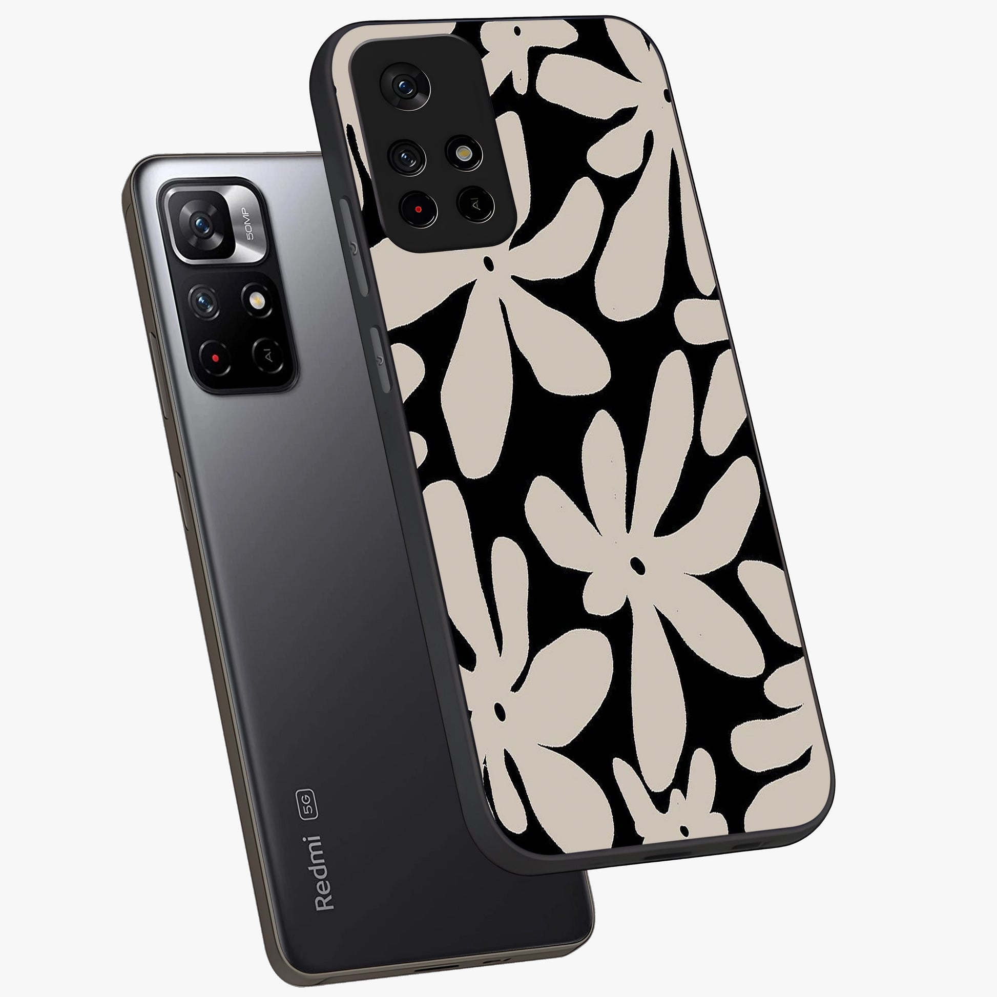 Monochrome Petal Dance Glass Case displayed in angled mockup highlighting elegant petal design with black and white aesthetic.