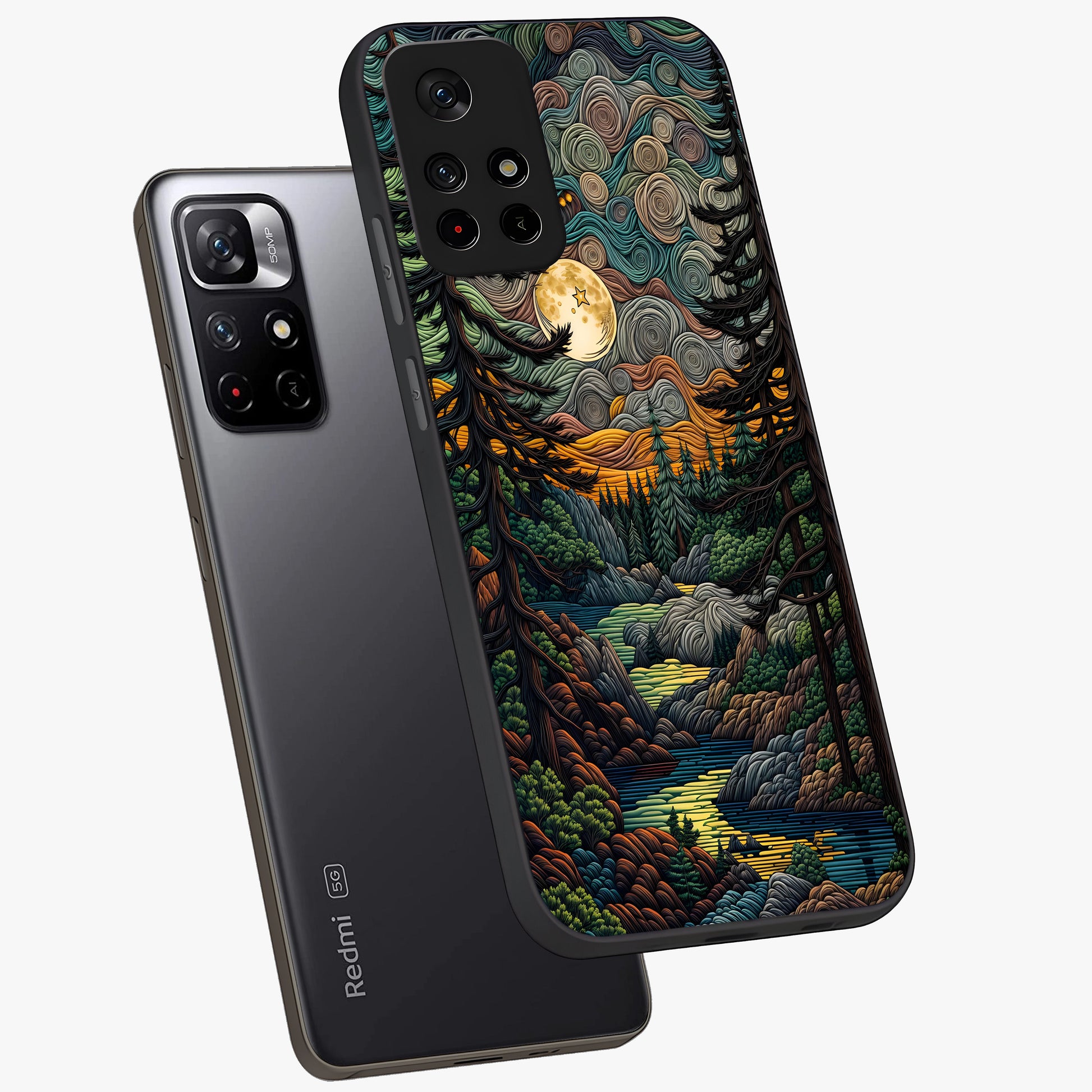 Moonlight Forest Dream Glass Case displayed in angled mockup highlighting dreamy forest design with glowing moon aesthetic.