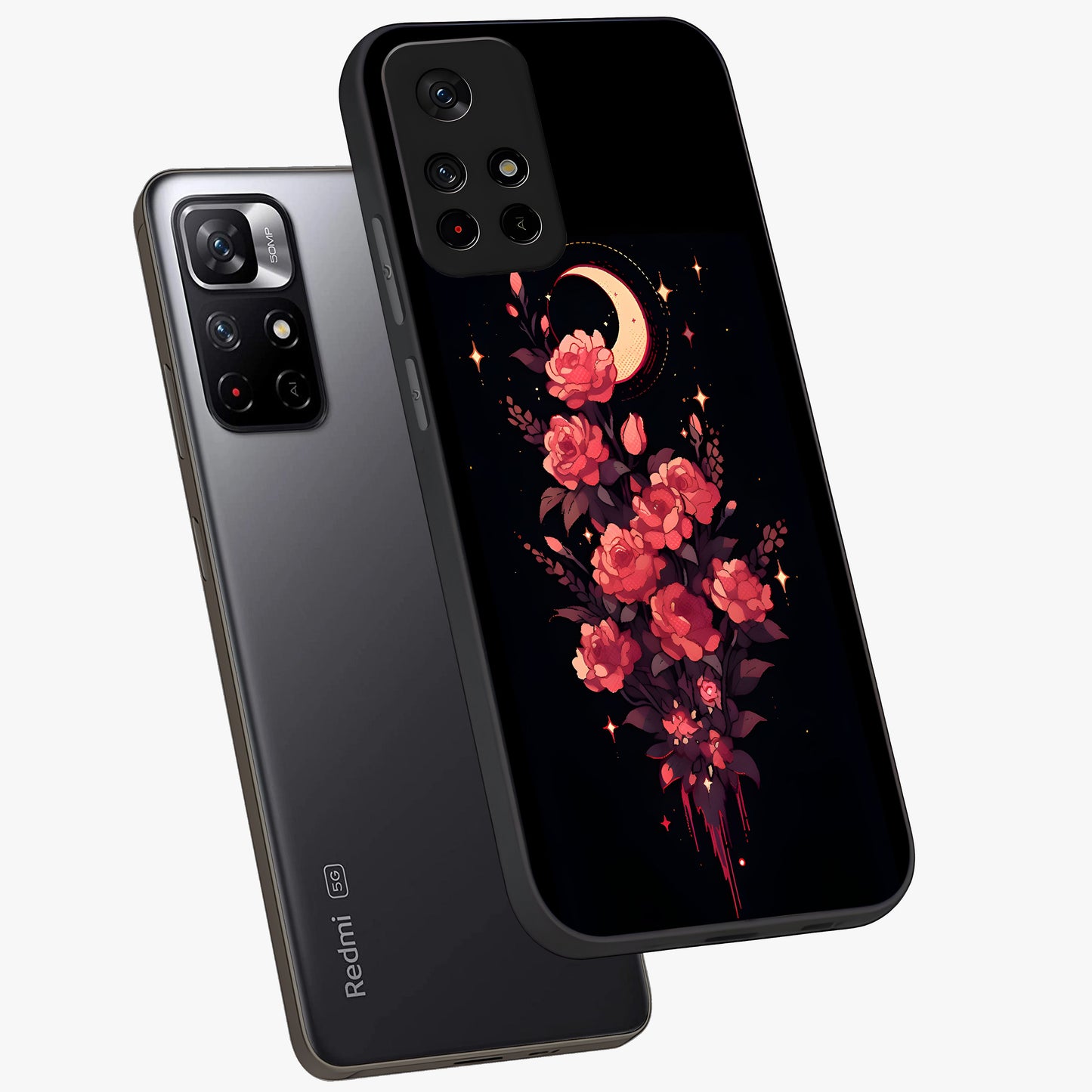 Moonlit Floral Elegance Glass Case showing flat back view with elegant floral artwork under moonlit tones and glossy glass finish.