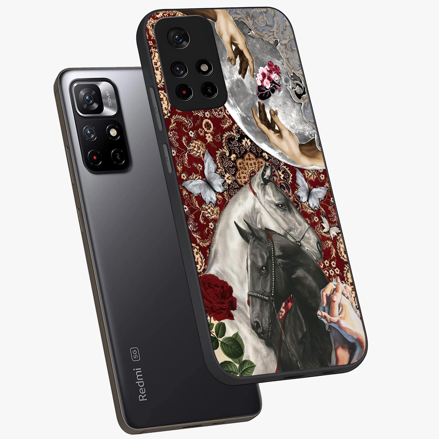 Moonlit Royal Stallion Glass Case displayed in angled mockup highlighting powerful stallion illustration with royal night aesthetic.