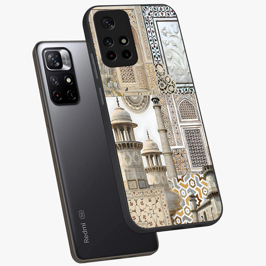 Mughal Marble Legacy Glass Case showing flat back view with intricate Mughal inspired marble pattern and glossy glass finish.