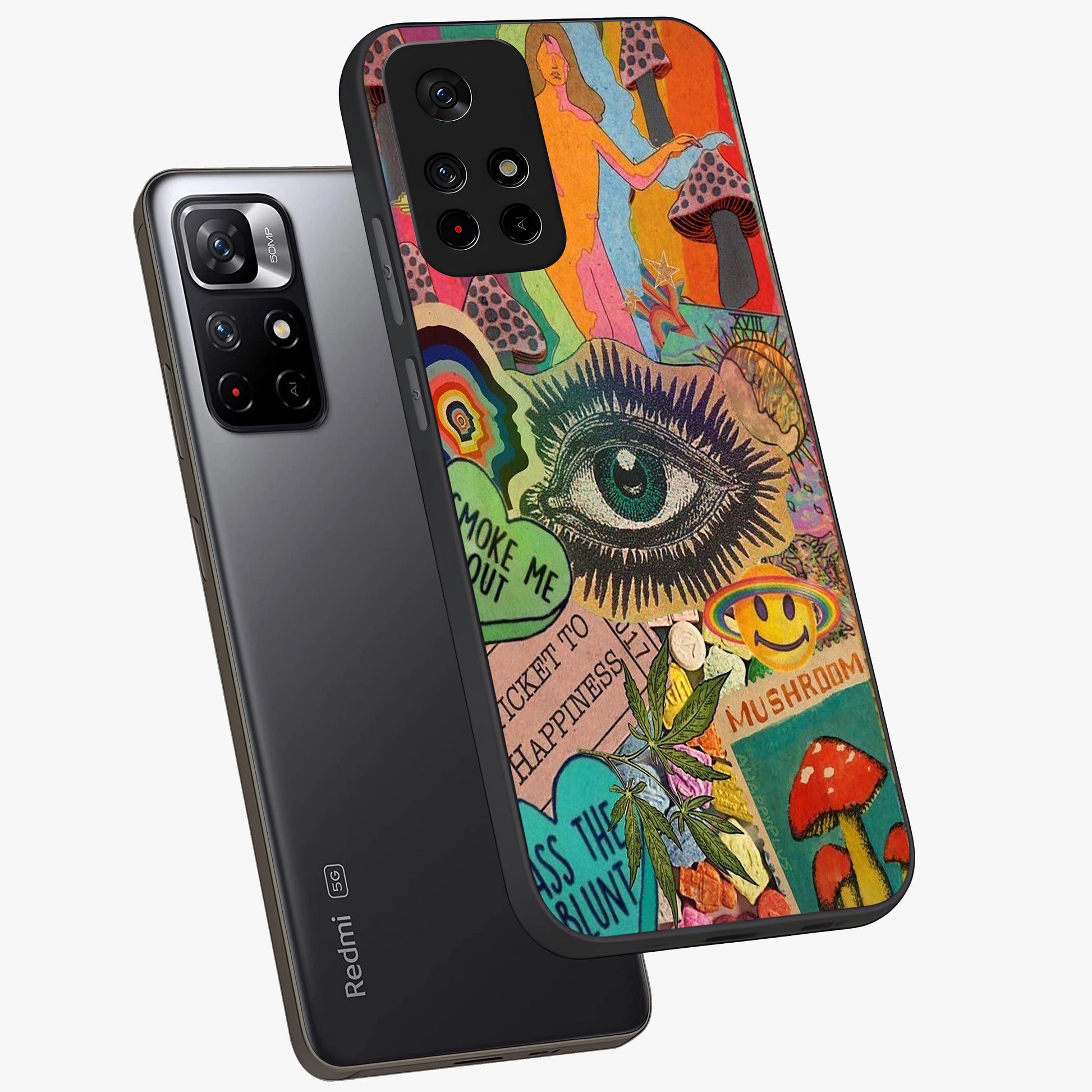 Mystic Eye Wonderland Glass Case displayed in angled mockup highlighting magical eye illustration with dreamy aesthetic.