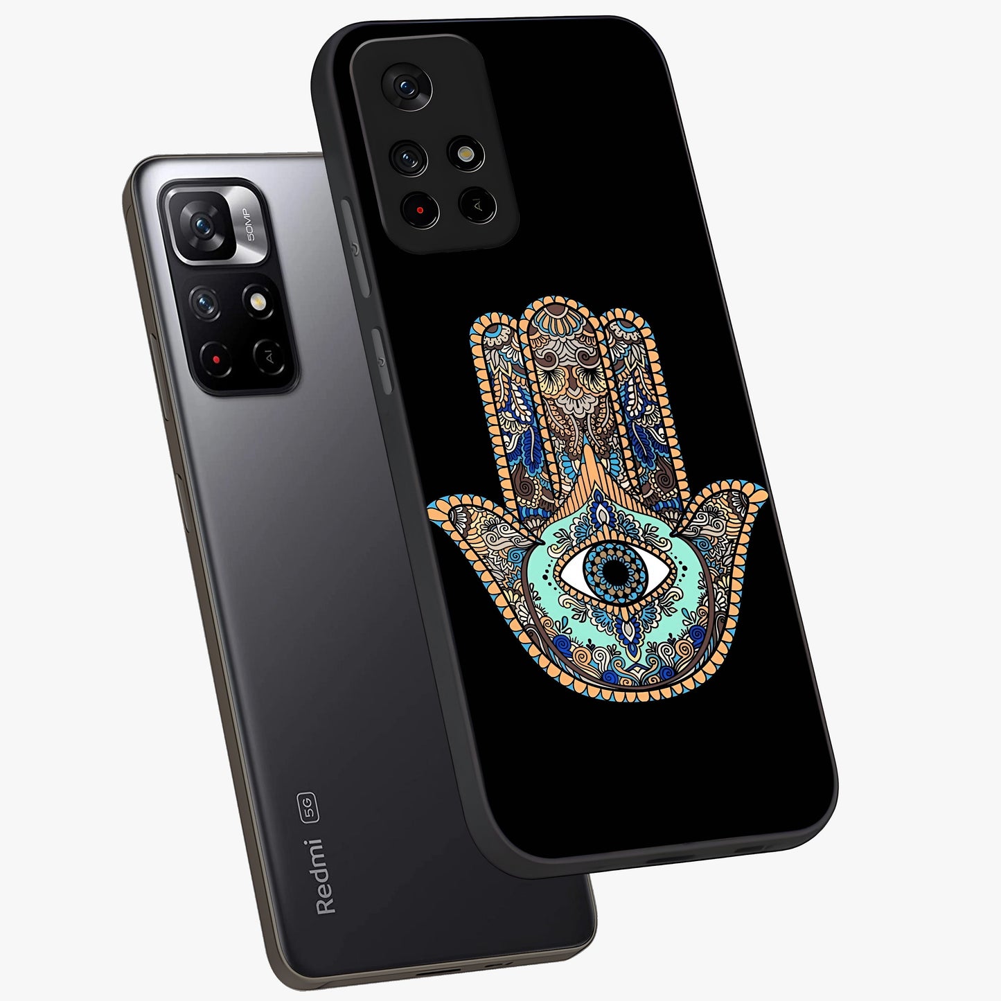 Mystic Hamsa Eye Glass Case showing flat back view with protective hamsa hand and evil eye artwork and glossy glass finish.