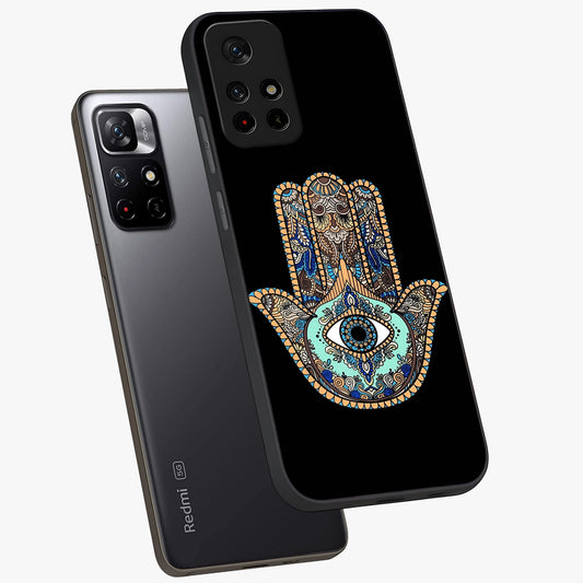 Mystic Hamsa Eye Glass Case showing flat back view with protective hamsa hand and evil eye artwork and glossy glass finish.