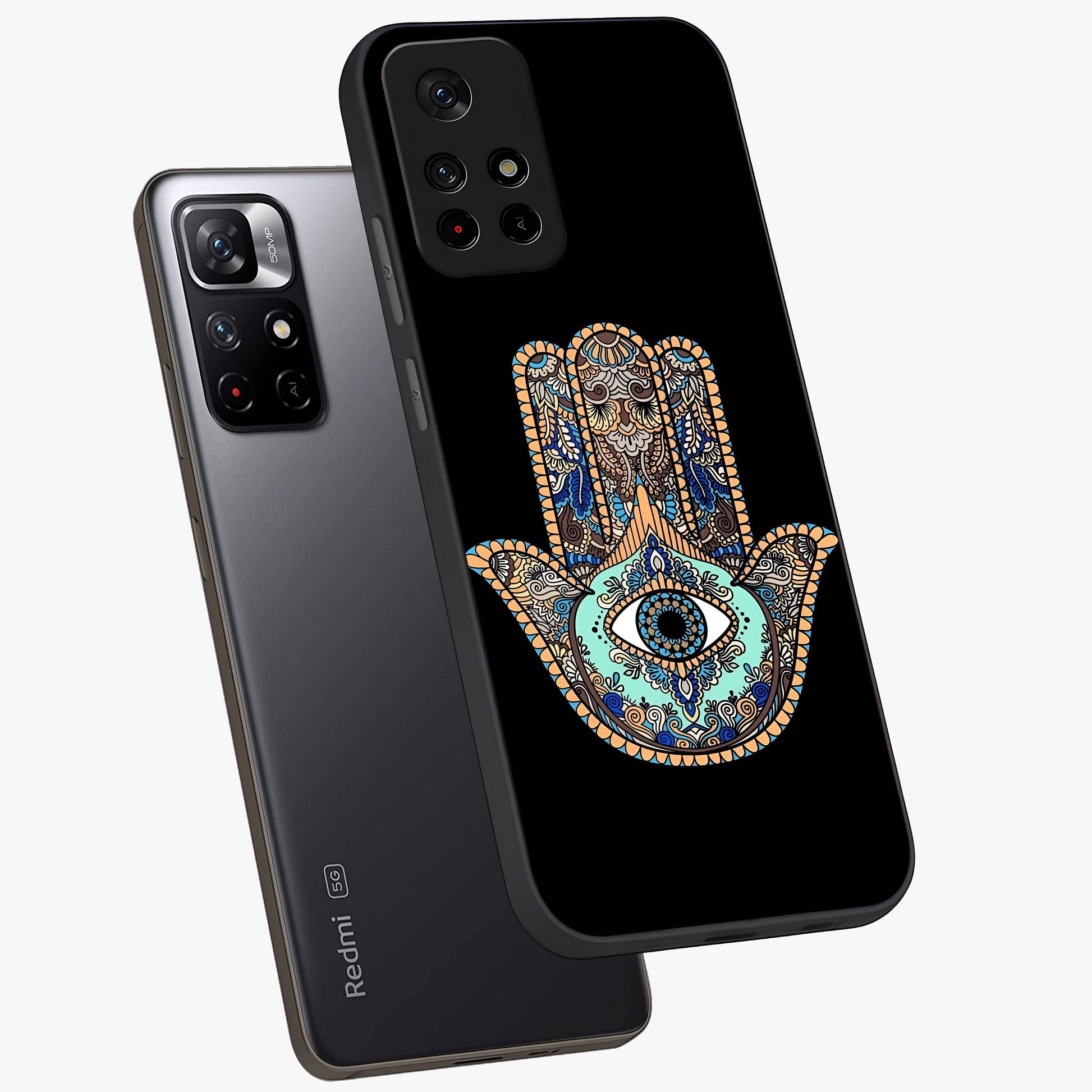 Mystic Hamsa Eye Glass Case displayed in angled mockup highlighting spiritual hamsa symbol with mystical aesthetic style.