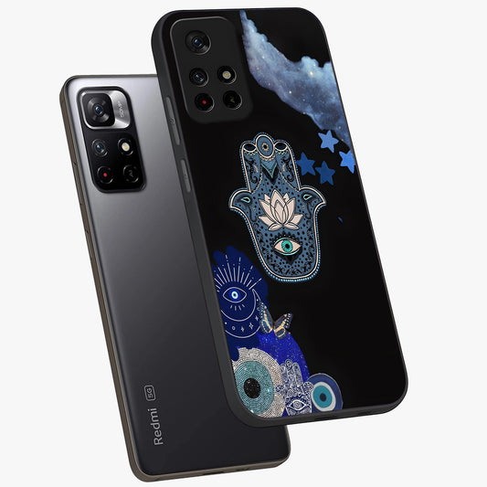 Mystic Hand Aura Glass Case showing flat back view with mystical hand symbol artwork and glossy glass finish.