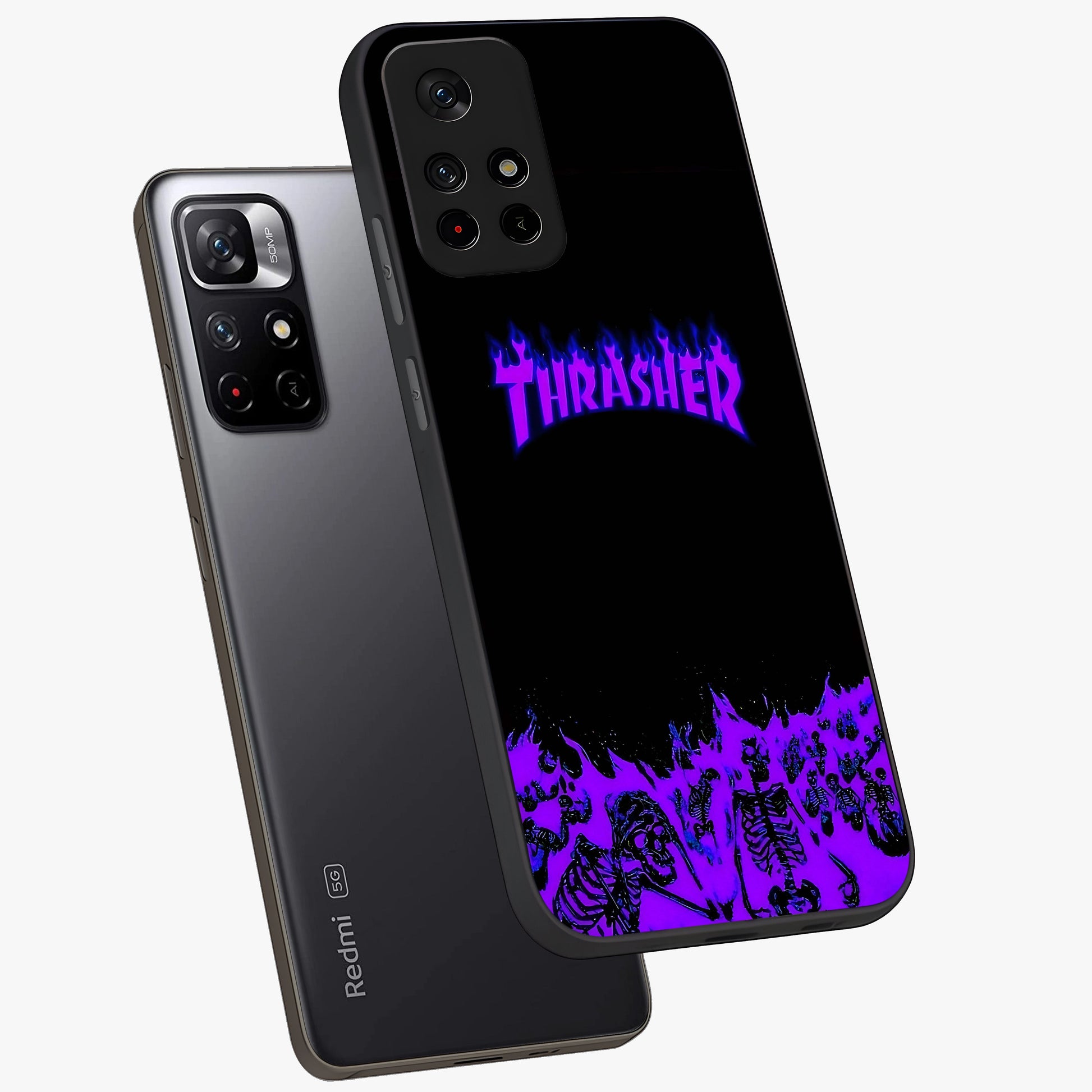 Neon Flame Riot Glass Case showing flat back view with neon flame artwork and glossy glass finish.