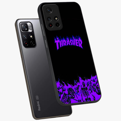 Neon Flame Riot Glass Case displayed in angled mockup highlighting glowing flame design with vibrant neon aesthetic.