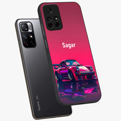 Neon Pink Porsche Glass Case showing flat back view with stylish sports car artwork and glossy glass finish.