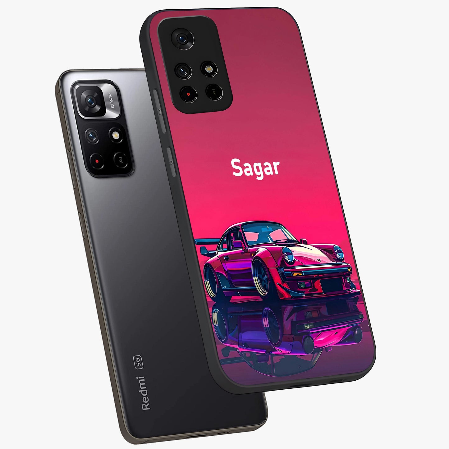 Neon Pink Porsche Glass Case displayed in angled mockup highlighting sleek neon pink car design with racing aesthetic.