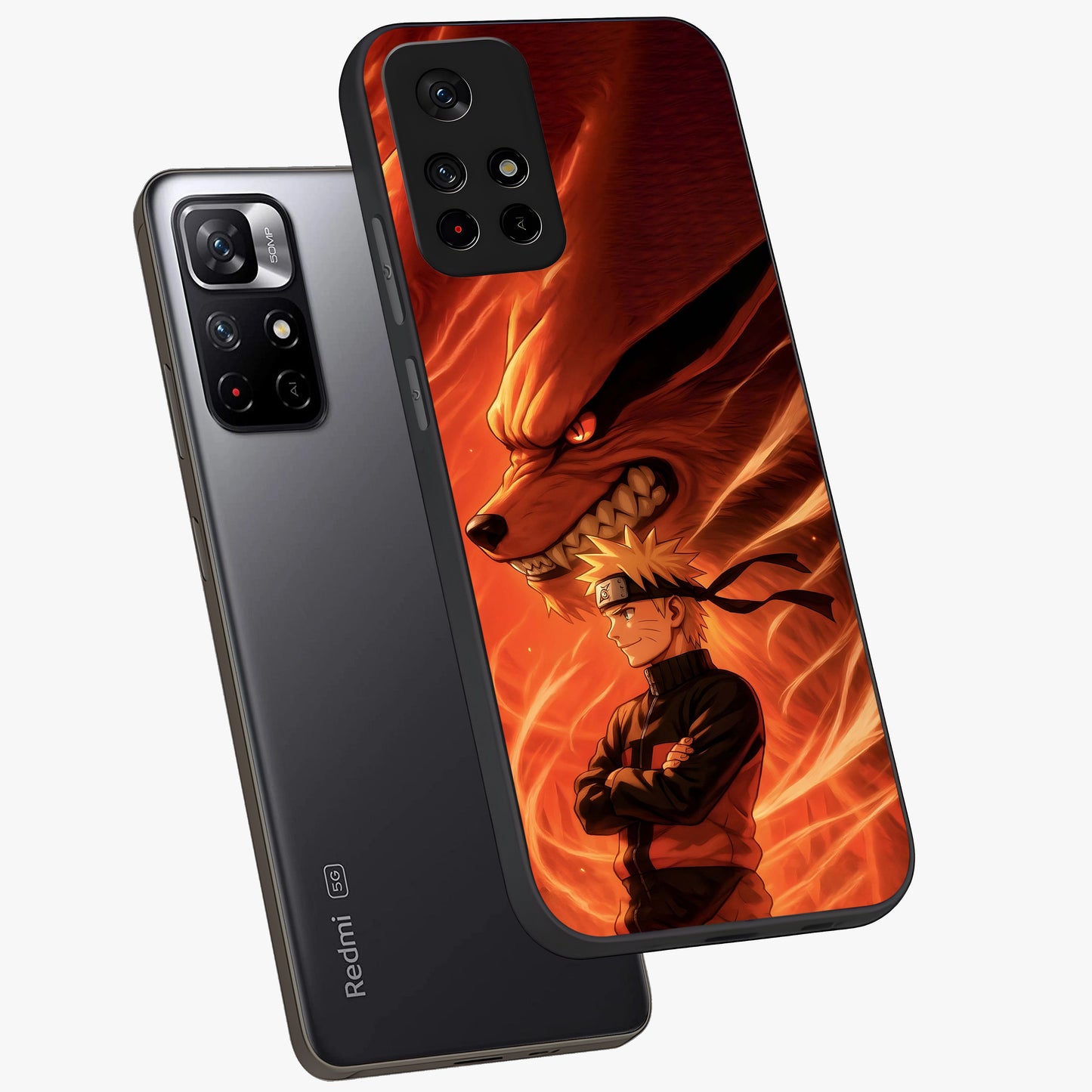 Nine Tails Legacy Glass Case displayed in angled mockup highlighting dynamic anime beast illustration with bold mystical aesthetic.
