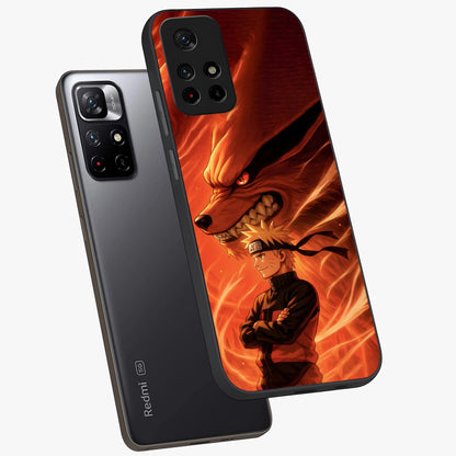 Nine Tails Legacy Glass Case displayed in angled mockup highlighting dynamic anime beast illustration with bold mystical aesthetic.