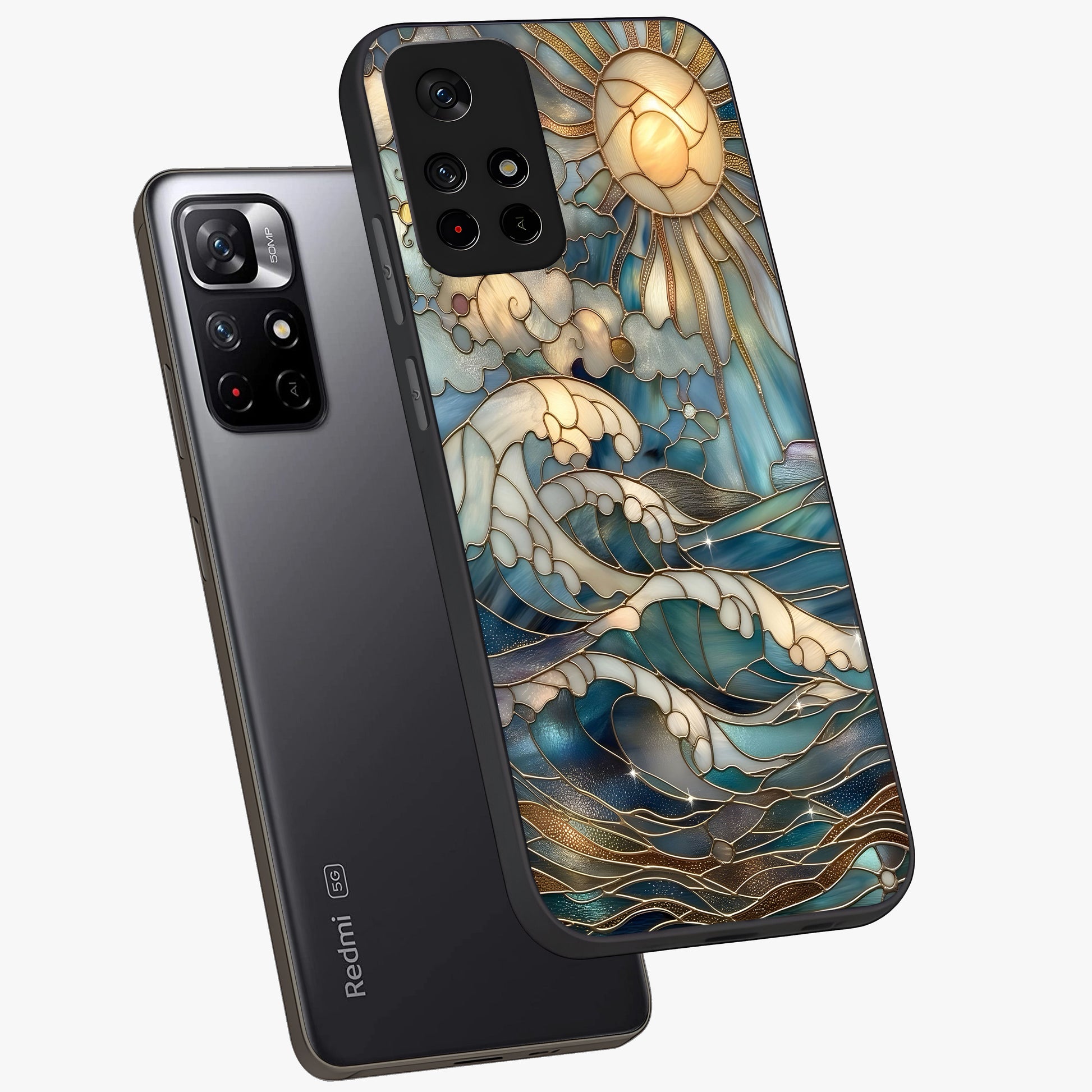 Oceanic Stained Printed Glass Case showing flat back view with ocean inspired stained pattern artwork and glossy glass finish.