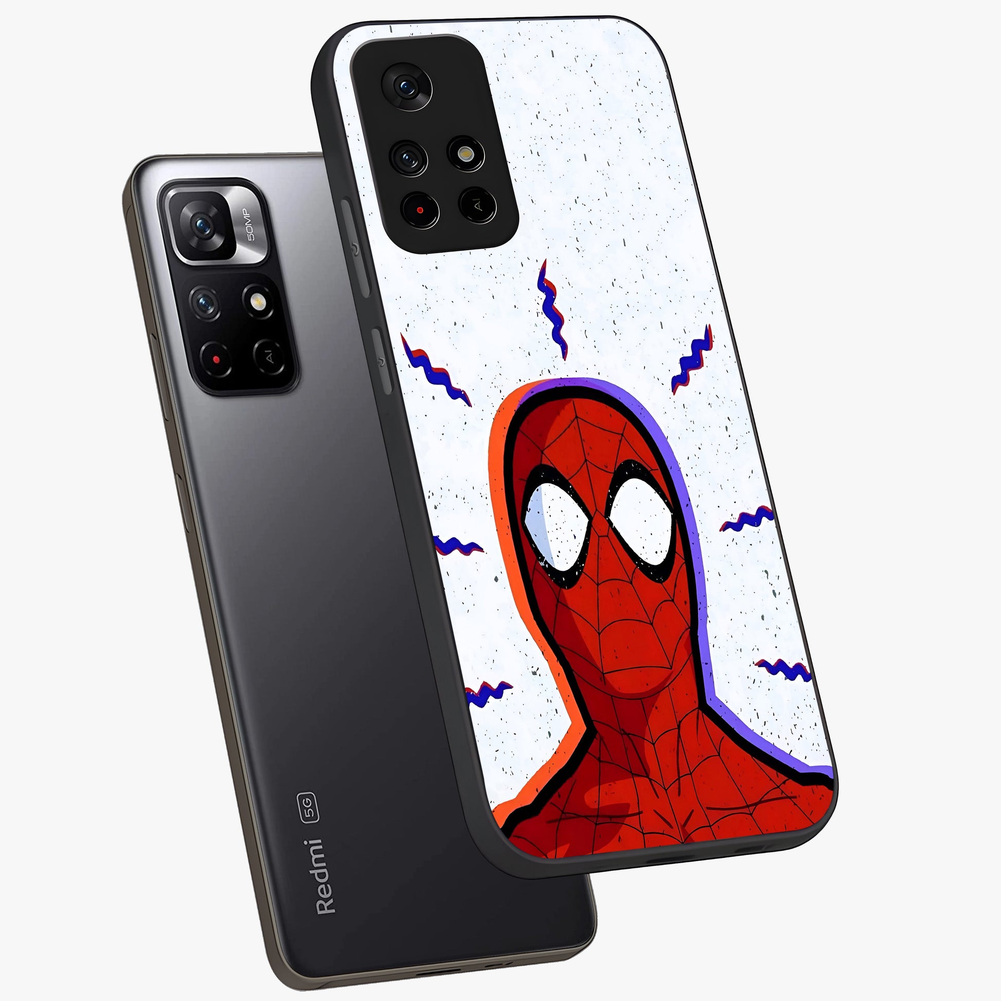 Omg Spiderman Glass Case showing flat back view with bold superhero inspired artwork and glossy glass finish.