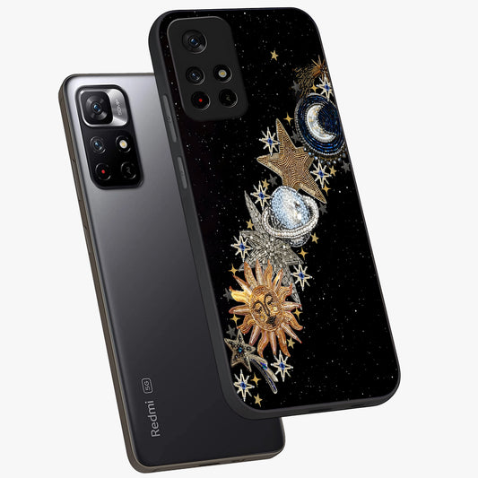 Pearls Universe Object Glass Case showing flat back view with pearl inspired cosmic artwork and glossy glass finish.