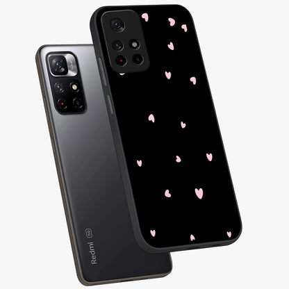 Pink Love Drops Glass Case showing flat back view with playful pink heart drops artwork and glossy glass finish.