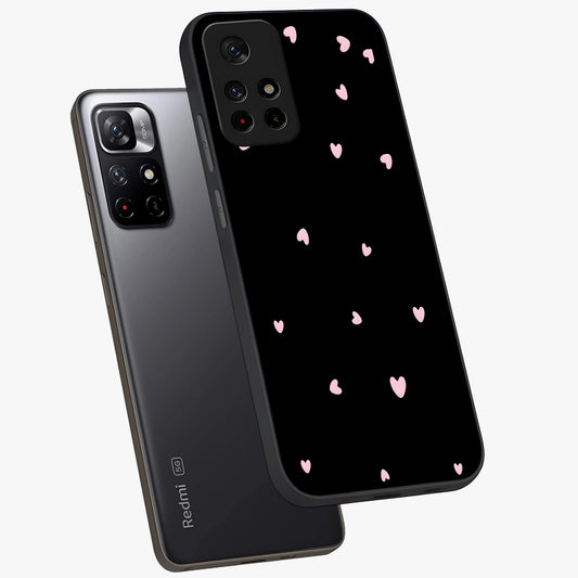 Pink Love Drops Glass Case showing flat back view with playful pink heart drops artwork and glossy glass finish.