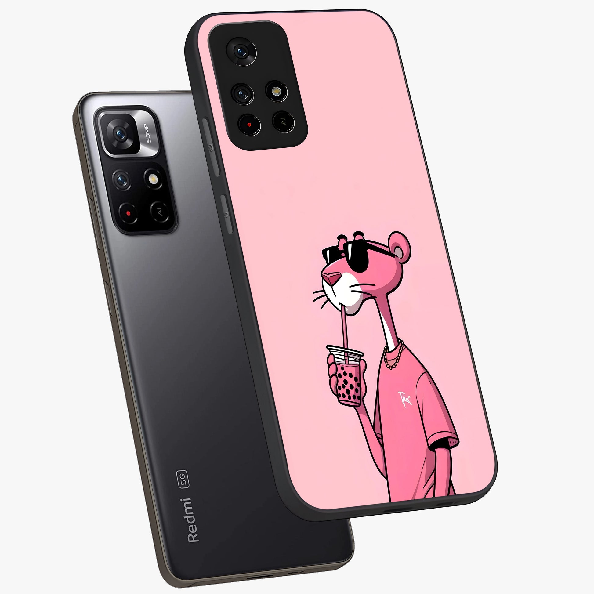 Pink Panther Glass Case showing flat back view with iconic pink panther artwork and glossy glass finish.