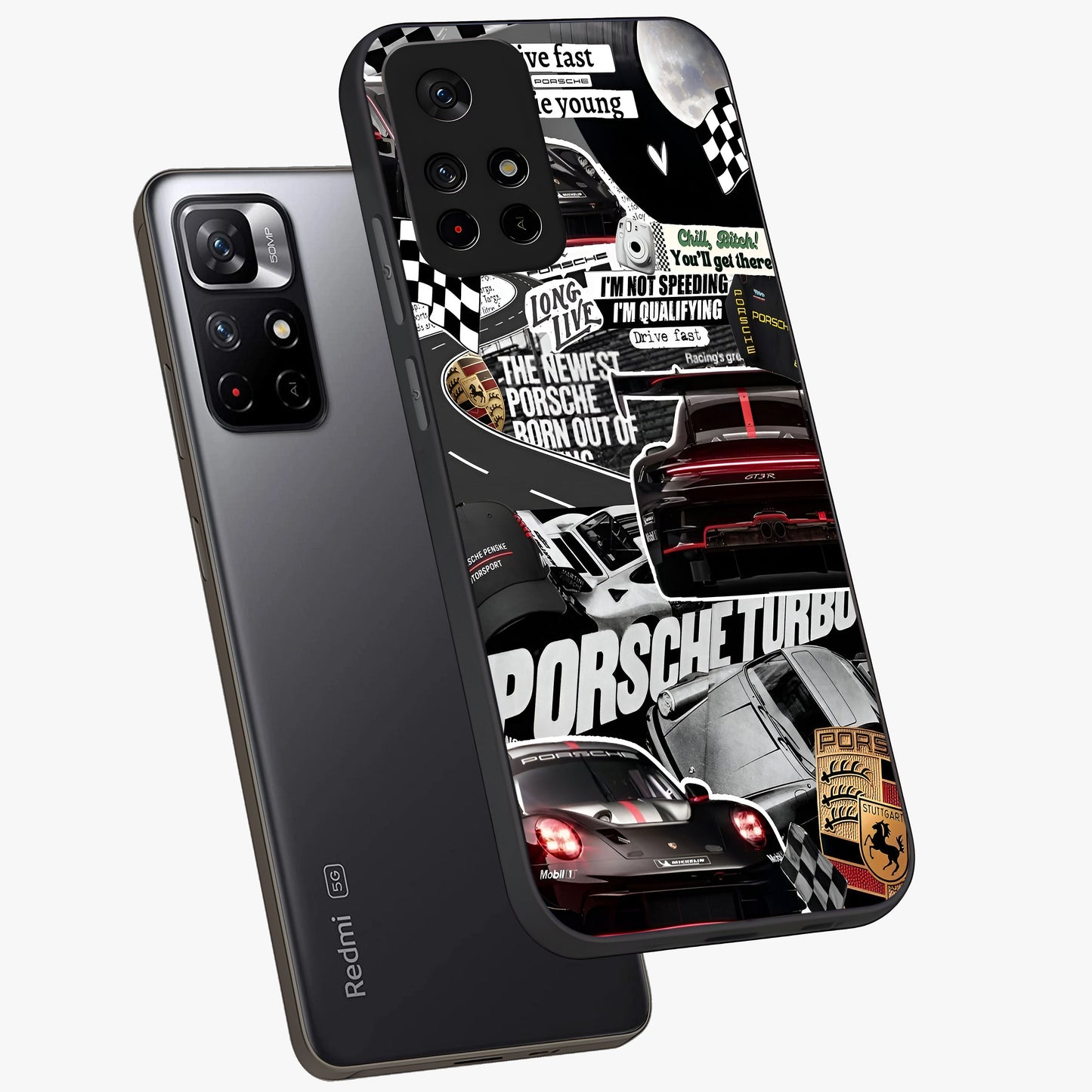 Porsche Racing Collage Glass Case showing flat back view with sports car racing collage artwork and glossy glass finish.