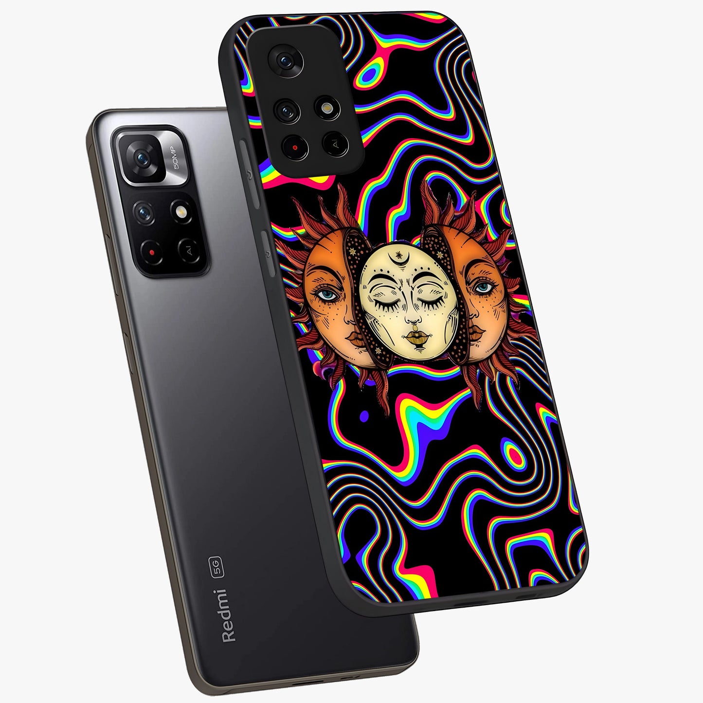 Psychedelic Sun Glass Case showing flat back view with colorful psychedelic sun artwork and glossy glass finish.