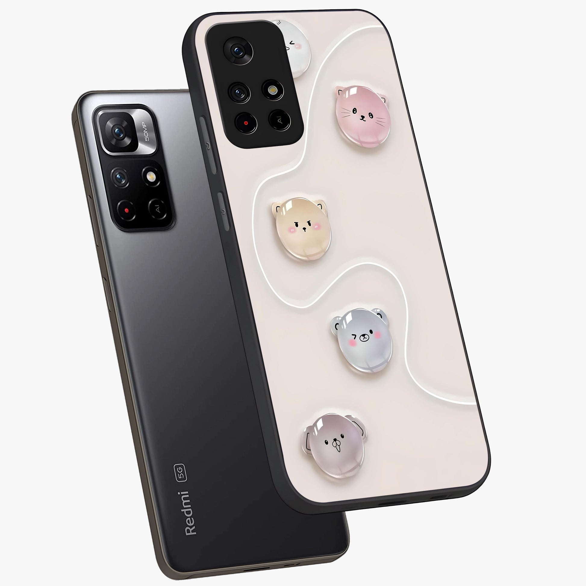 Puffy Face Parade Glass Case showing flat back view with cute puffy character faces artwork and glossy glass finish.